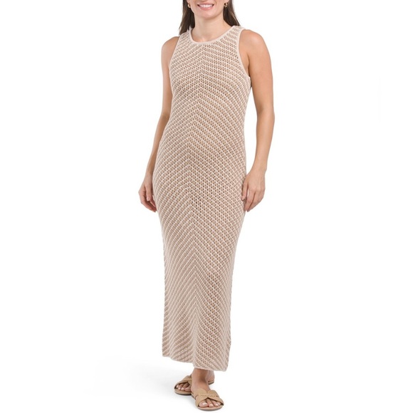 House Of Harlow 1960 NWT Chevron Crochet Knit Ivory Khaki Maxi Dress Size M - Picture 1 of 12